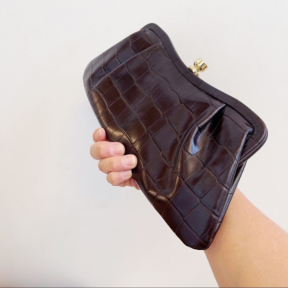 Banana Republic Handbags - Brown Genuine Leather Croc Emboss Design Hand Held Clutch Chic Classic